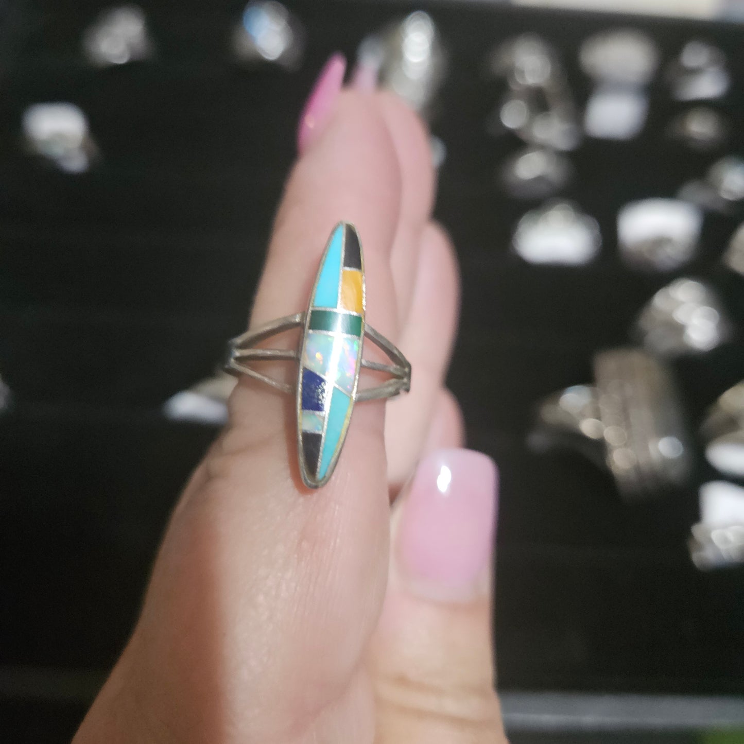 Native silver ring  with turquoise, opal black onyx  size 7