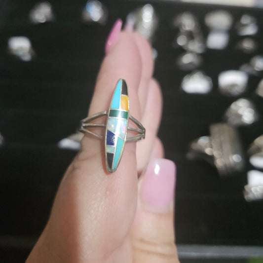 Native silver ring  with turquoise, opal black onyx  size 7