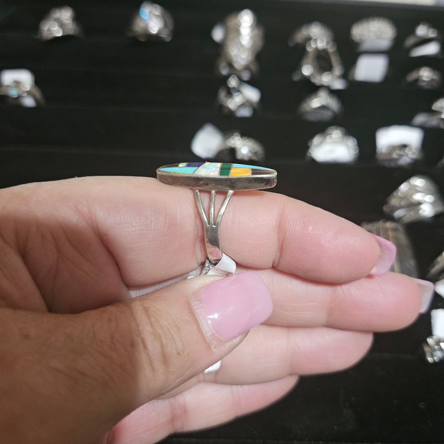 Native silver ring  with turquoise, opal black onyx  size 7